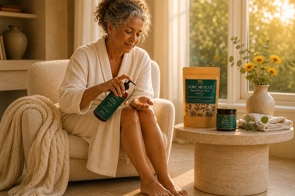 Arnica Recovery Routine bundle displayed in a warm botanical wellness setting with arnica flowers, bath soak, body oil, and m