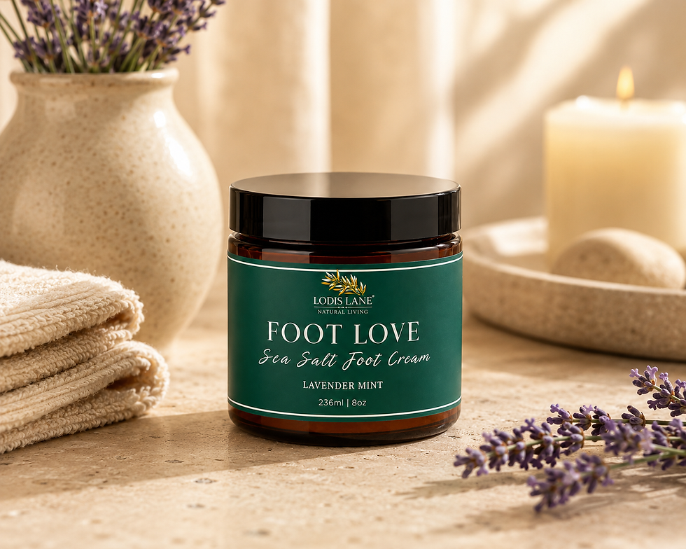 Lodis Lane Lavender Mint Sea Salt Foot Cream in amber jar with black lid and botanical green label