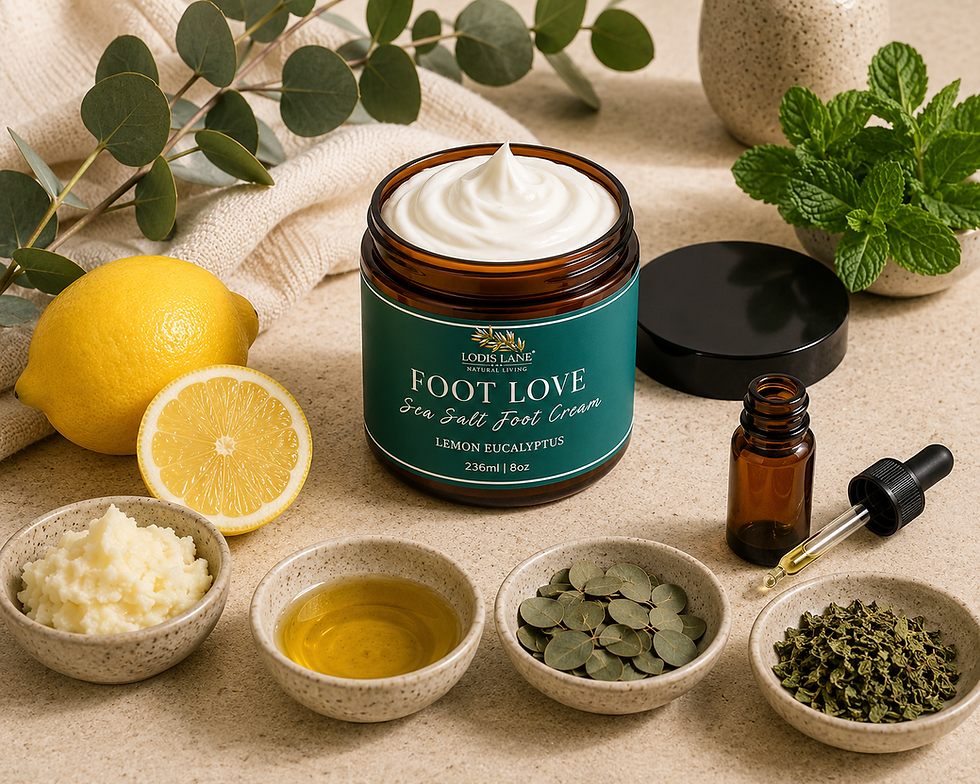 Lemon Eucalyptus Foot Cream displayed with botanical foot care ingredients