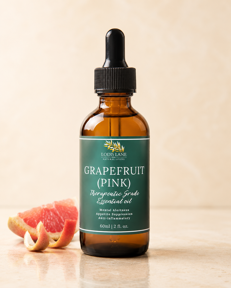 Thumbnail: Lodis Lane Natural Living Grapefruit Pink Essential Oil in amber bottle with dropper top and green apothecary label