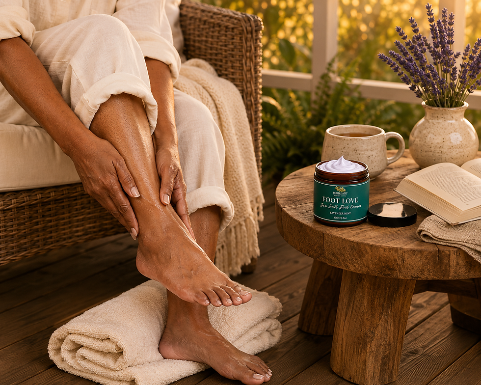 Thumbnail: Lavender Mint Sea Salt Foot Cream used in a relaxing at-home foot care routine