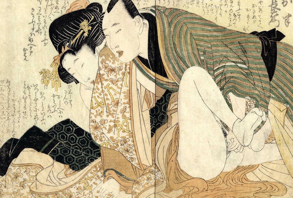 Miniature : shungaisart - 1802 - Utamaro - Shunga woodblock print - Michiyuki koi no futozao - Foreplay - fingering