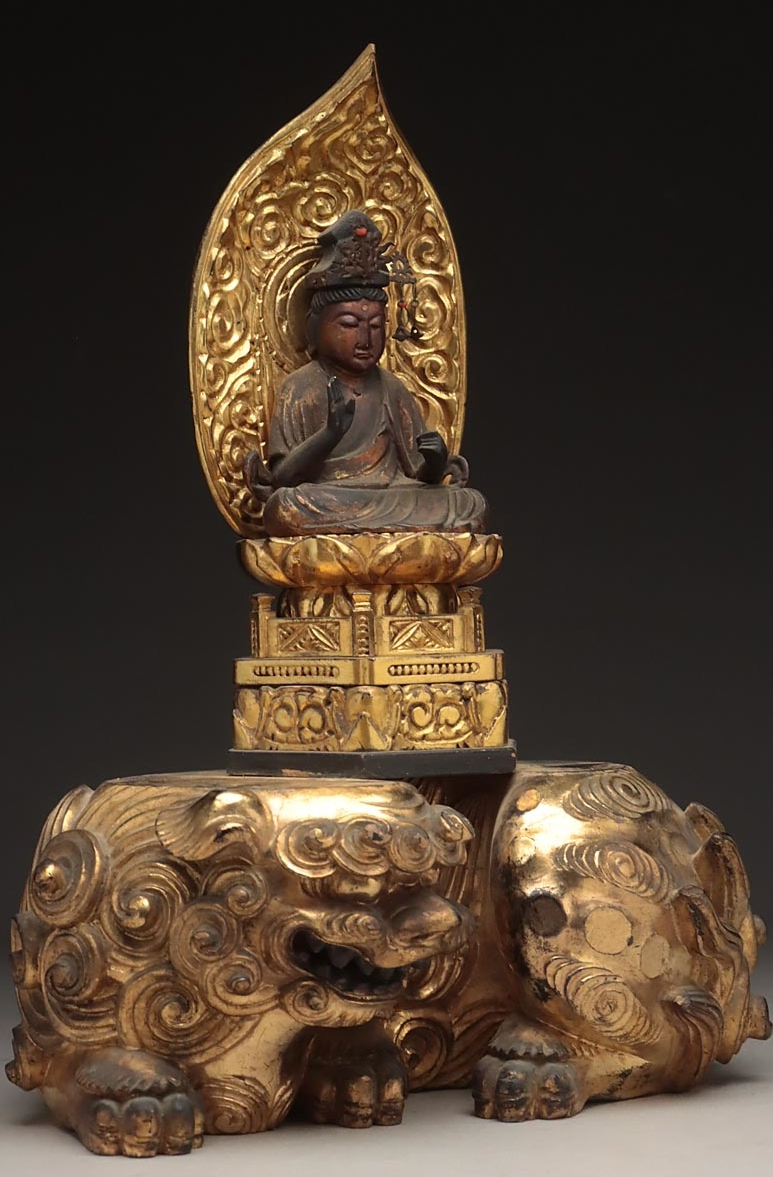 Miniature : shungaisart - Japanese art - 1700 - Monju Bosatsu - Japanese Antique Buddhist Statue - Gold Lion - Buddhist relic