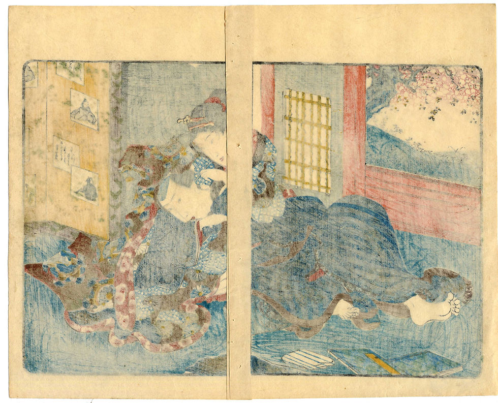 Miniature : shungaisart - 1838 - KUNIYOSHI - Shunga woodblock print - Sly Groping - ear cleaning - reverse
