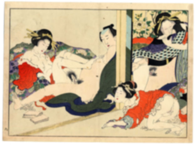 shungaisart 1900 Terukata Hokusai Shunga Japanese erotic woodblock print Masturbating voyeur