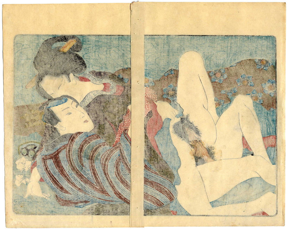 Thumbnail: shungaisart - 1838 - KUNIYOSHI - Shunga woodblock print - Japanese erotic art - Ecstatic Beauty - reverse