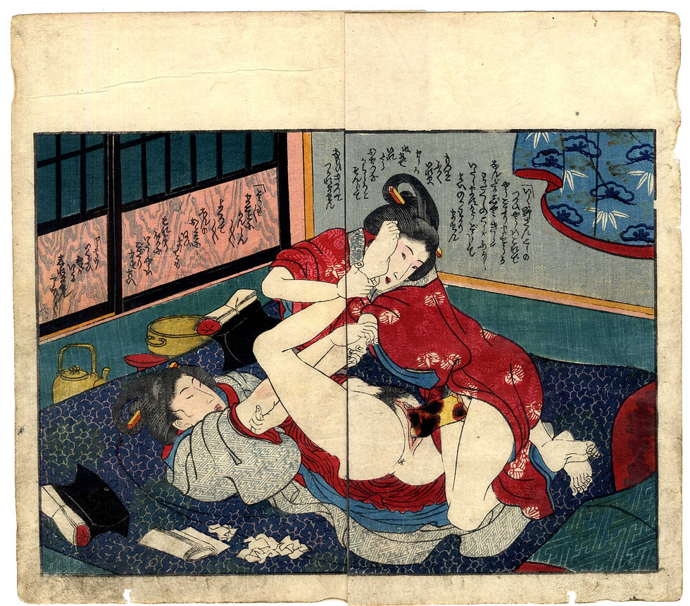 shungaisart - 1842 - Kunisada - Lesbian Shunga woodblock print picture - Tagaigata Erotic Toy
