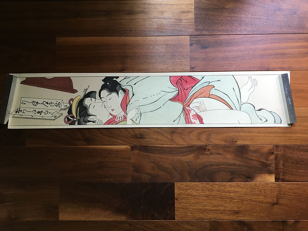 Miniature : Torii Kiyonaga - Shunga - Sode no maki - erotic woodblock print - full length of calligraphy lesson | shungaisart