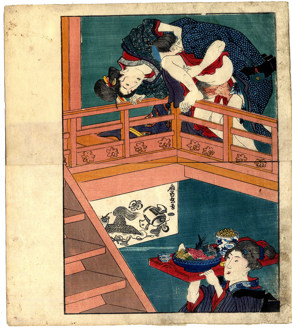 shungaisart - 1842 - Utagawa Kunisada - Rare Vertical-diptych Shunga woodblock print picture - Balcony Lovers