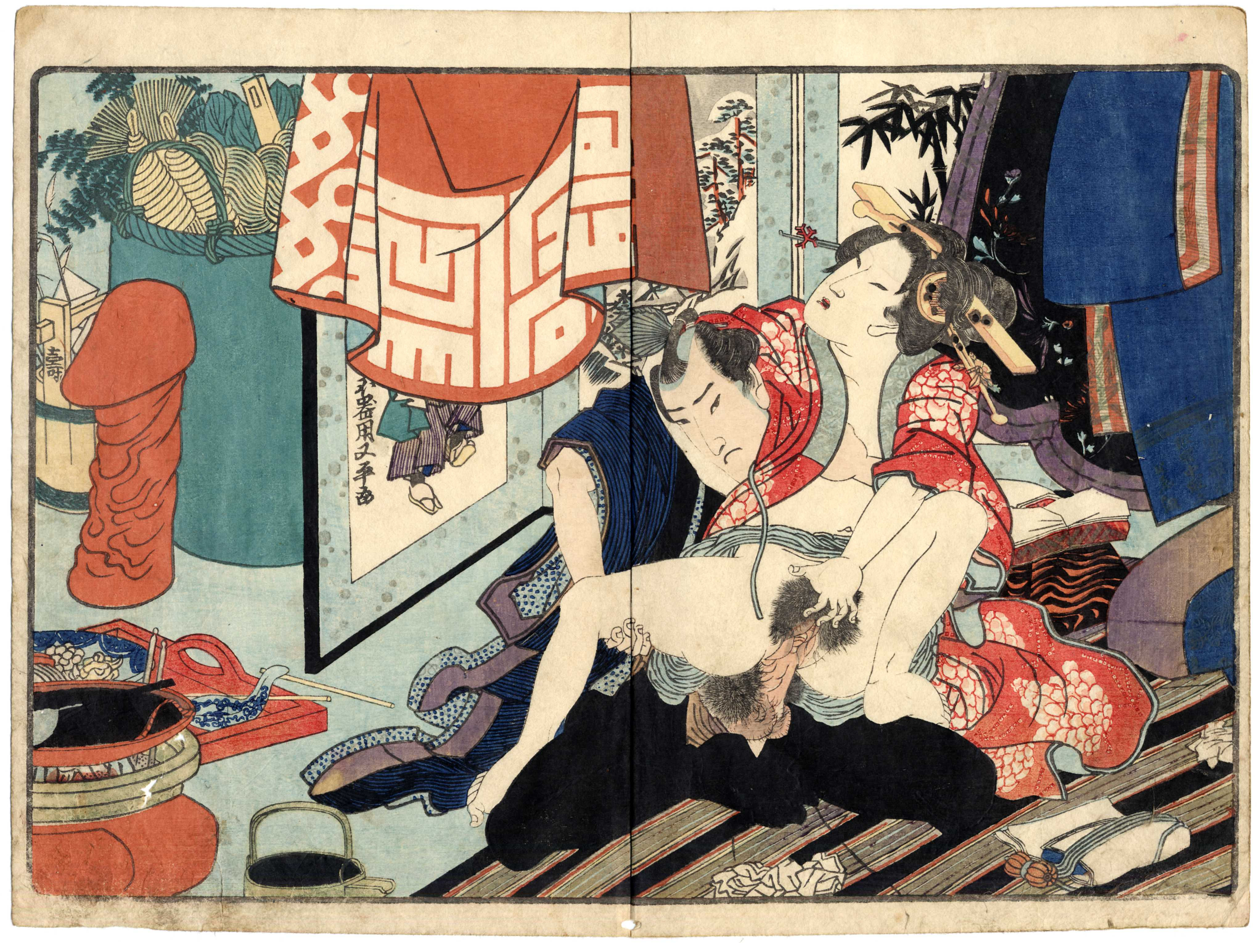 shungaisart - Rare - 1827 - Kunisada - Shunga - Antique Erotic Woodblock Print - Four Seasons - Giant Harigata - dildo