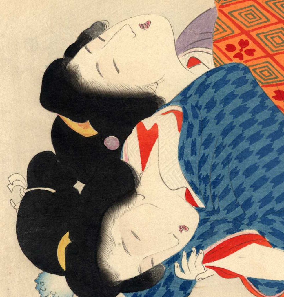 Miniature : shungaisart - 1897 - Keishu - DELUXE shunga woodblock print - Hazakura - Threesome - bijin-ga