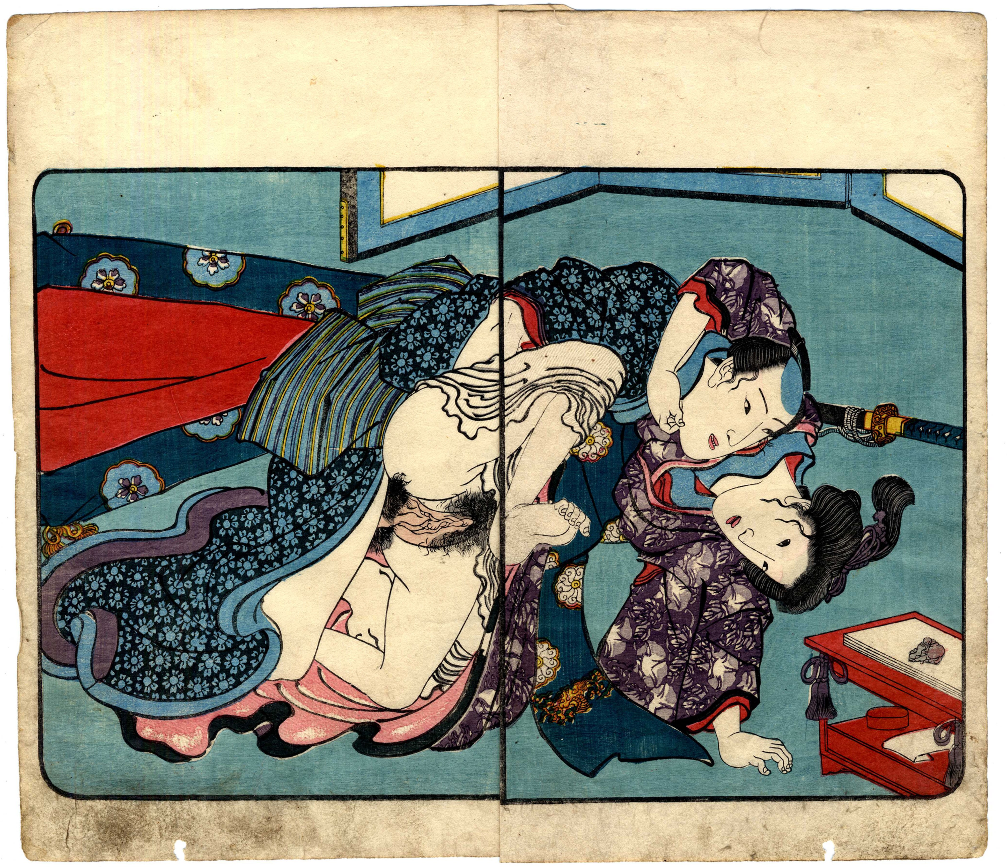shungaisart - 1842 - Utagawa Kunisada - Samurai Shunga erotic art - Steel Nearby, Desire Unchecked