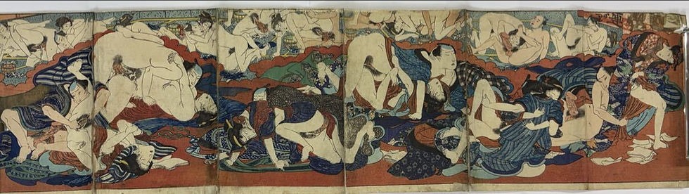 shungaisart - spectacular six-page panoramic shunga masterpiece from the Utagawa school