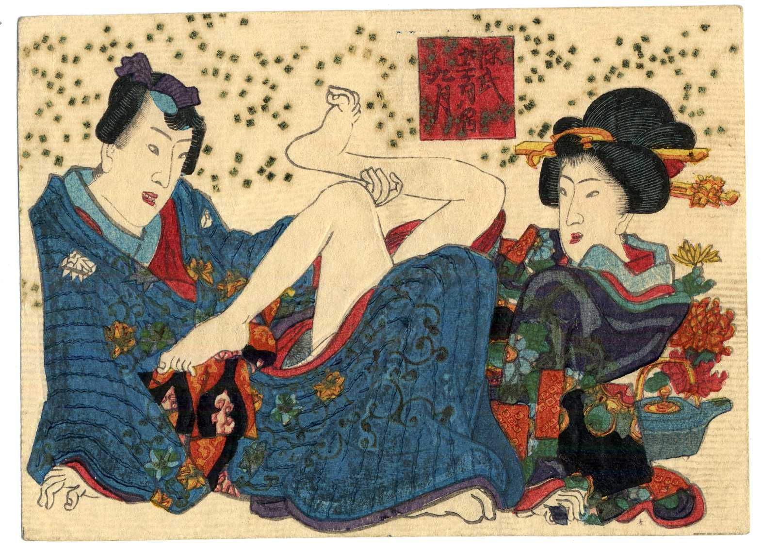 shungaisart - 1840 - UTAGAWA - Surimono Shunga - Leg Lift Assist - Japanese erotic art