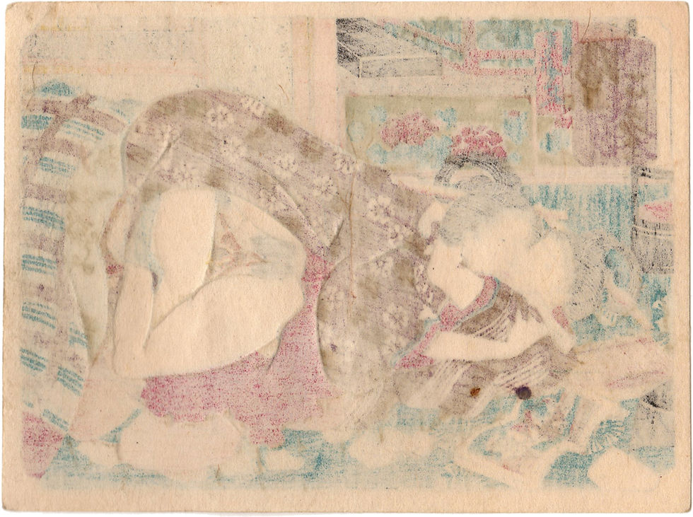 Miniaturbild: shungaisart reverse of 1850 UTAGAWA Surimono Shunga Japanese erotic art woodblock print Rare Lesbian dildo scene sex toy