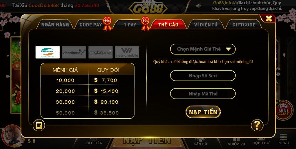 Hướng dẫn nạp tiền Go88 bằng thẻ cào