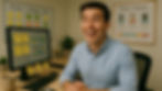 Smiling man in blue shirt at desk with post-its, computer, and plant. Background shows a progress board and product roadmap chart.