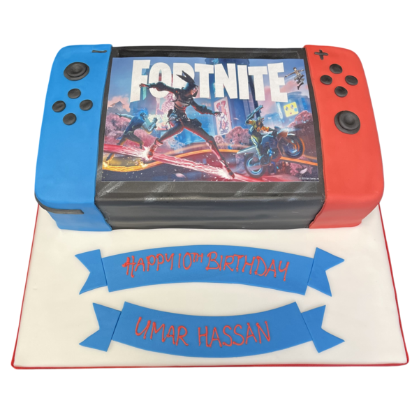 Bespoke Nintendo Switch Fortnite edition cake with edible console and game details, crafted in Solihull, West Midlands.