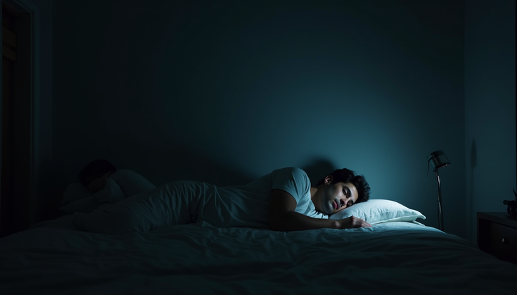 Eye-level view of a dimly lit bedroom with a man lying awake next to a sleeping partner