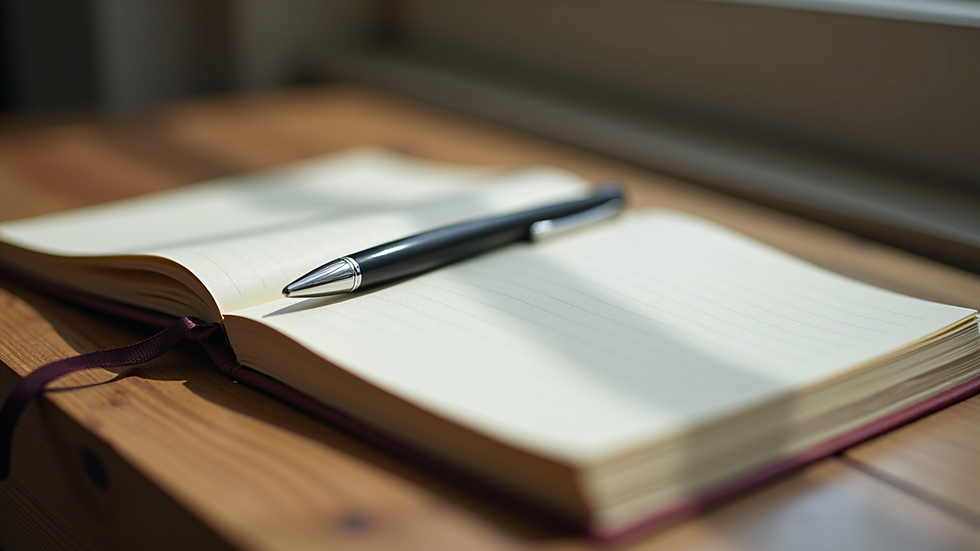 Close-up view of a journal and pen on a wooden table