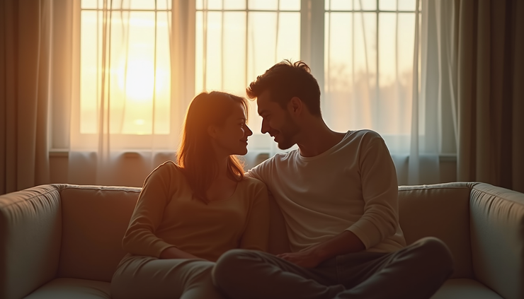 Eye-level view of a couple sitting together on a couch in soft morning light, sharing a quiet moment