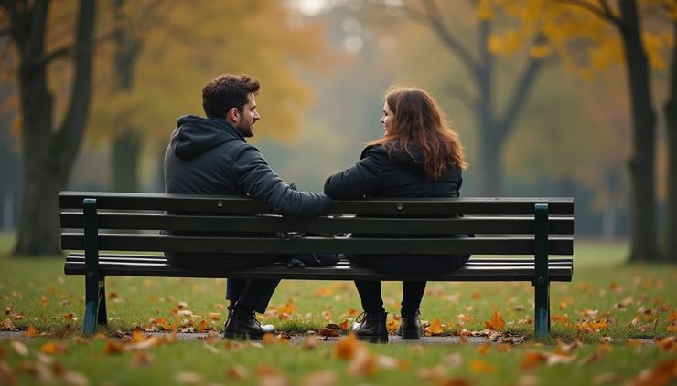 Eye-level view of a couple sitting apart on a park bench looking thoughtful