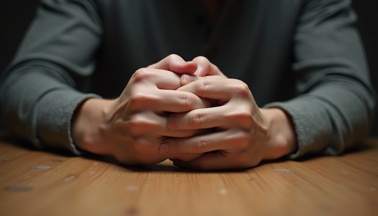 Close-up of two hands holding each other tightly on a wooden table