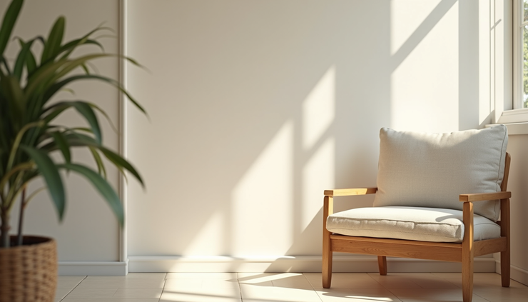 Close-up view of a calm, sunlit room with a comfortable chair and soft cushions