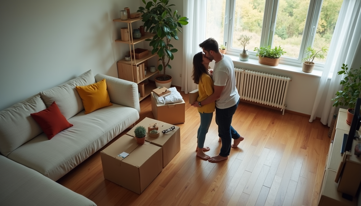 High angle view of a couple packing boxes in a living room during a move