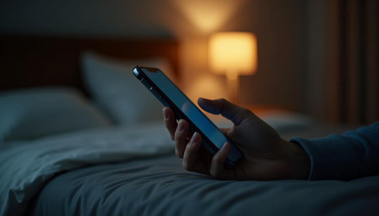 Close-up view of a hand holding a phone with a dim bedroom background