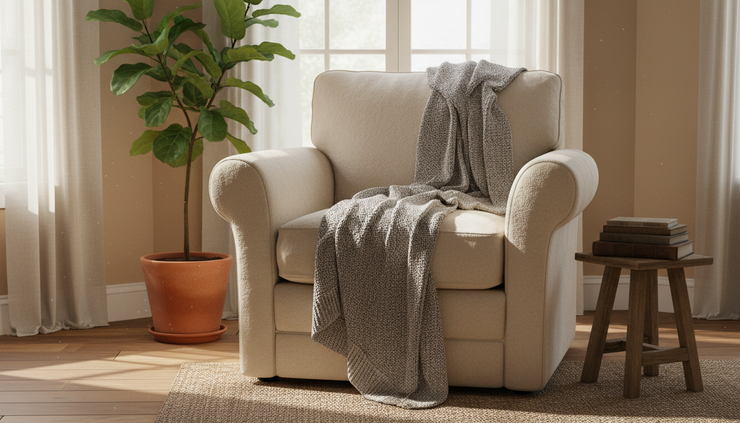 Eye-level view of a comfortable chair with a soft blanket in a calm living room corner