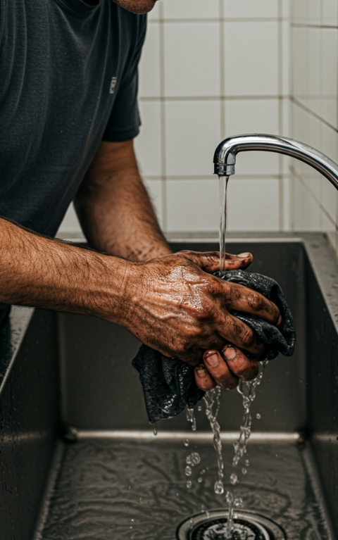 Thumbnail: man washing engine oil grease from dirty hands
