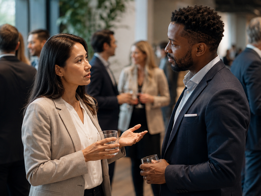 Two professionals have an engaged conversation at a networking reception while other attendees mingle in the background.