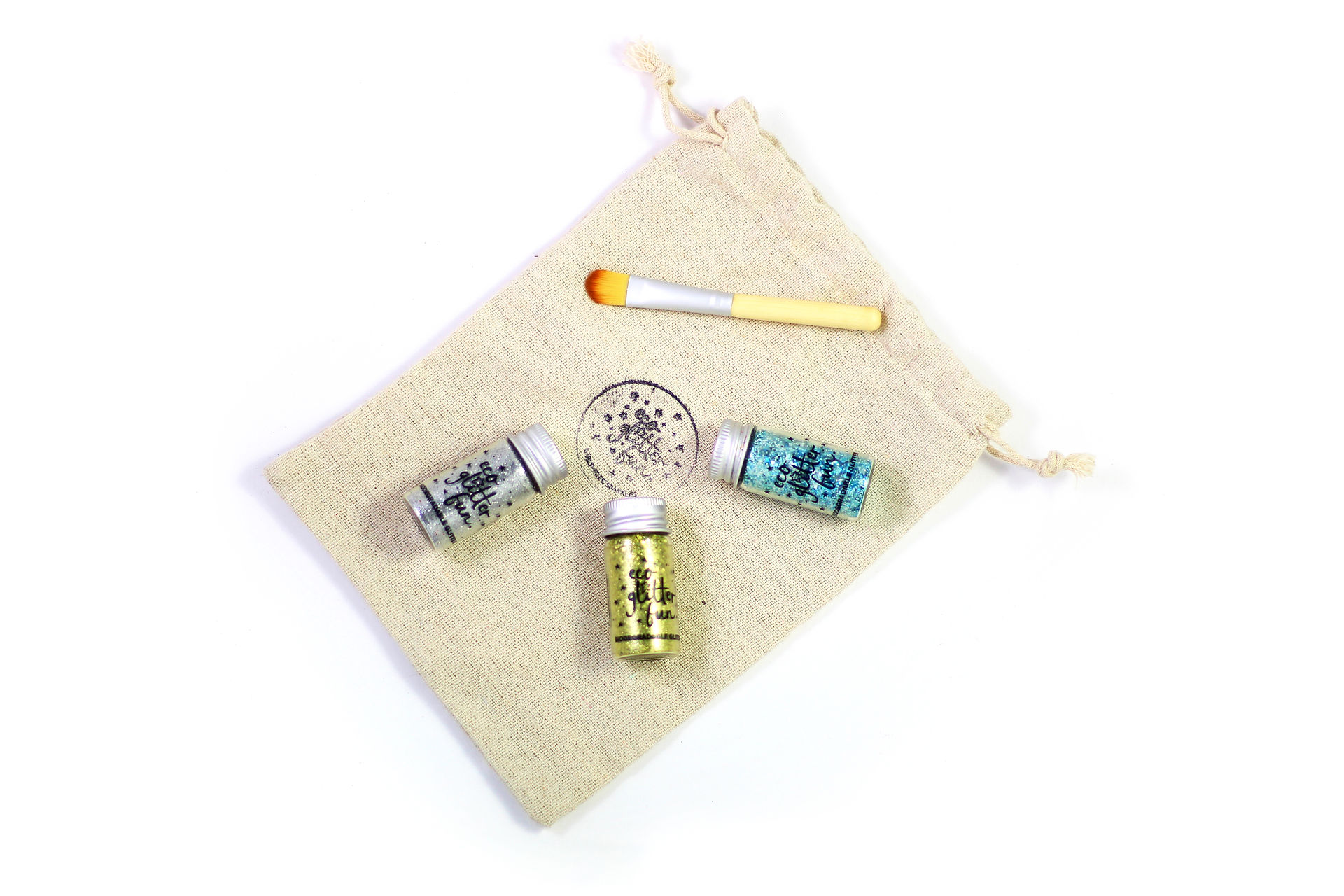 A perfect christmas stocking filler with our craft bioglitter including 3 8g bottles of blue silver and gold bioglitter and one bamboo brush