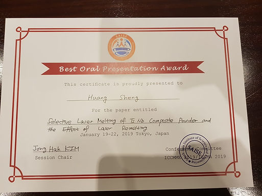 Best Oral Presentation Award at 2019 4th ICCMME