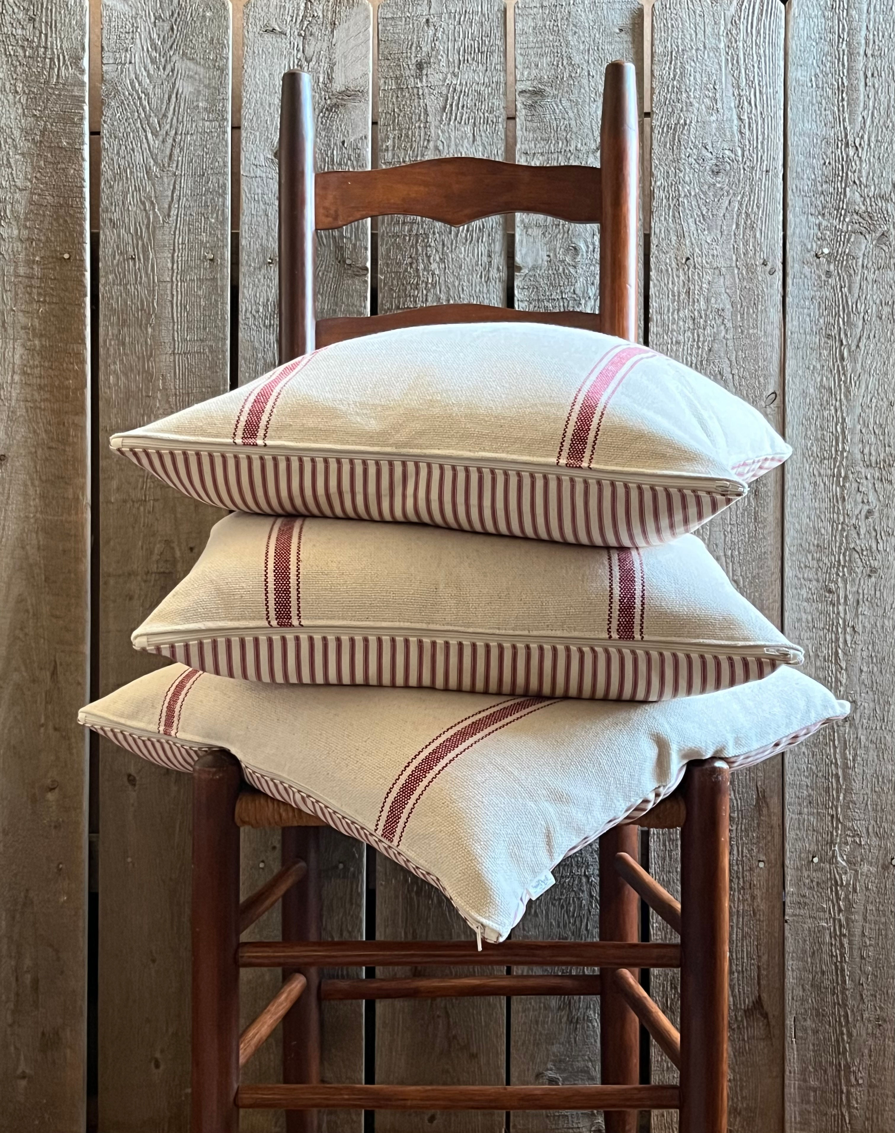 Grain Sack & Ticking Pillow Cover - Burgundy 3 Stripe