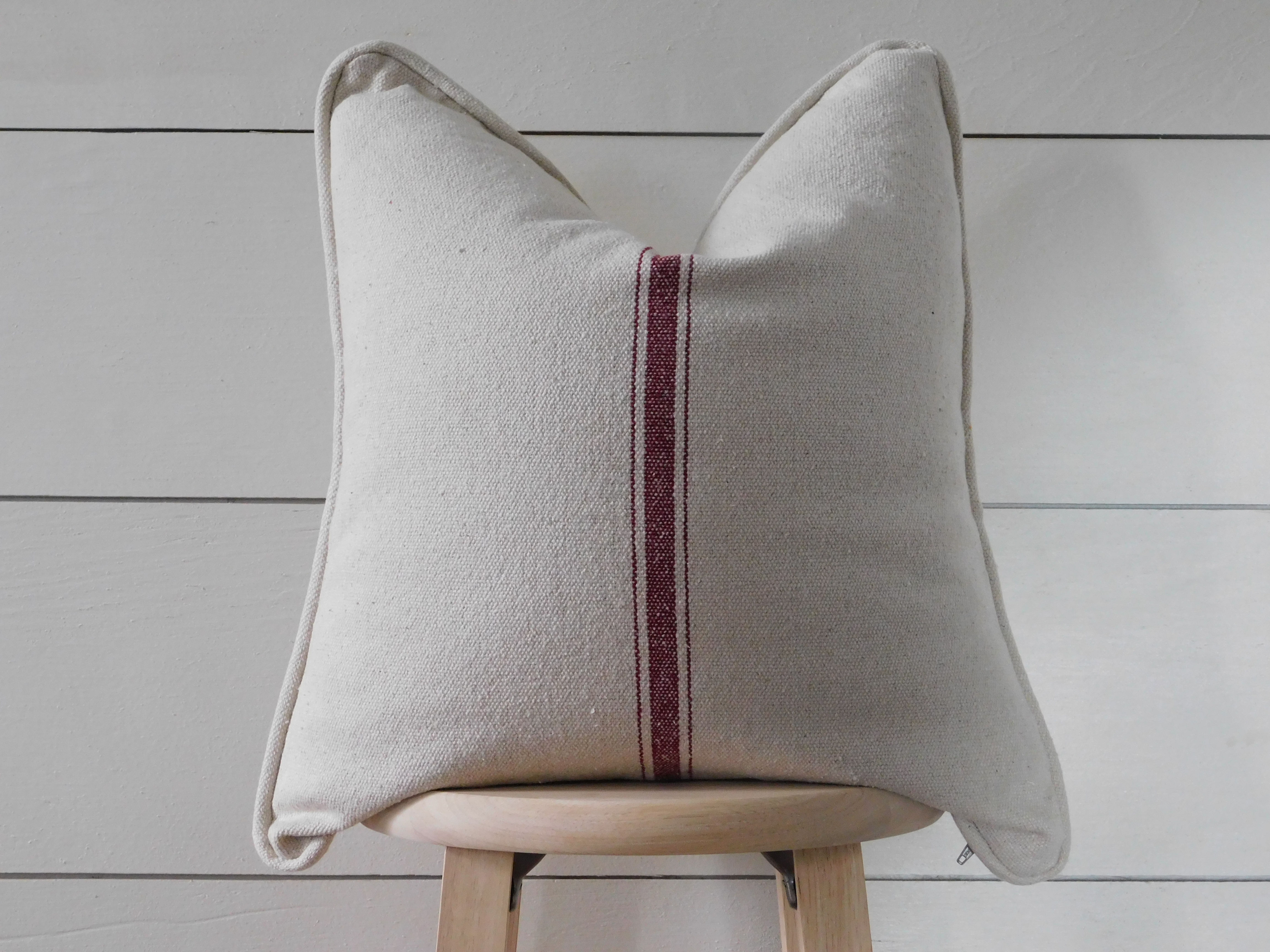 Piped Pillow Cover - Burgundy 3 Center Stripe | Beige Fabric