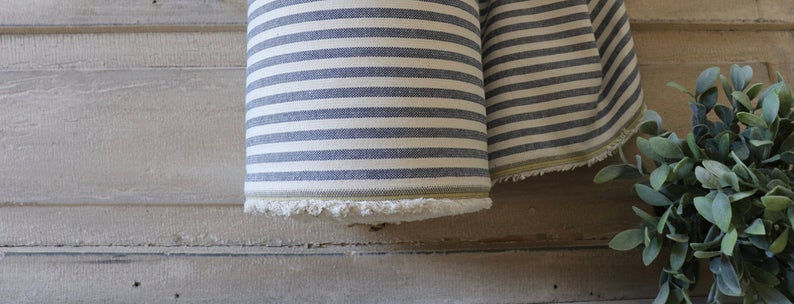 Thumbnail: Linen Blend Farmhouse Fabric | Small Blue & Cream Stripe | 54" Wide