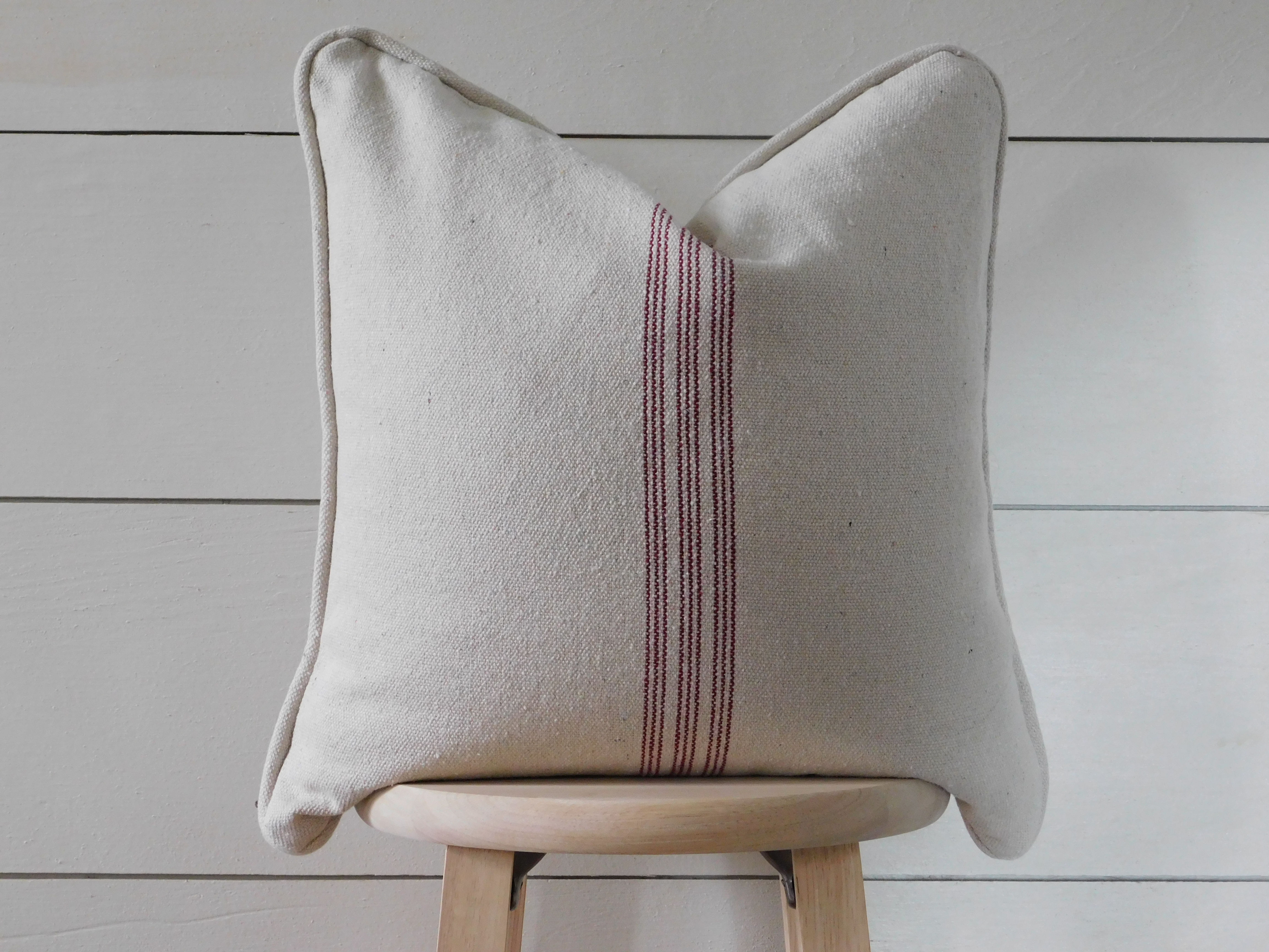 Piped Pillow Cover - Burgundy 9 Stripe | Beige Fabric