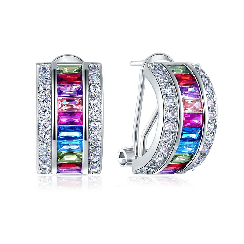 Multi-Color Rainbow Stones Clip Earrings | 925 Sterling Silver