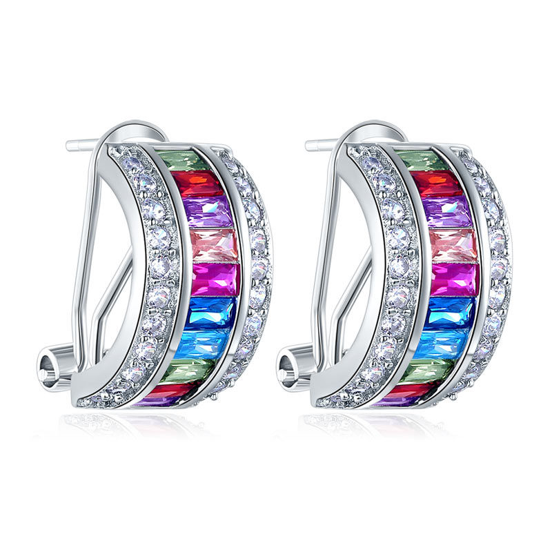 Thumbnail: Multi-Color Rainbow Stones Clip Earrings | 925 Sterling Silver