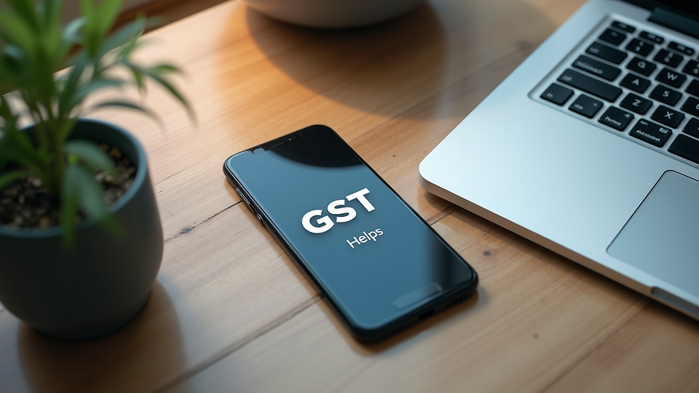 High angle view of a desk with a smartphone showing GST help resources
