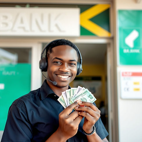 Jamaican Call center employee holding money infront of a bank .jpg