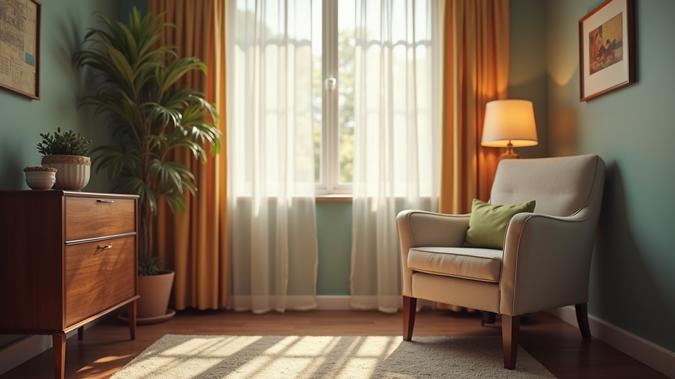 Eye-level view of a cozy counseling room with a comfortable chair and soft lighting