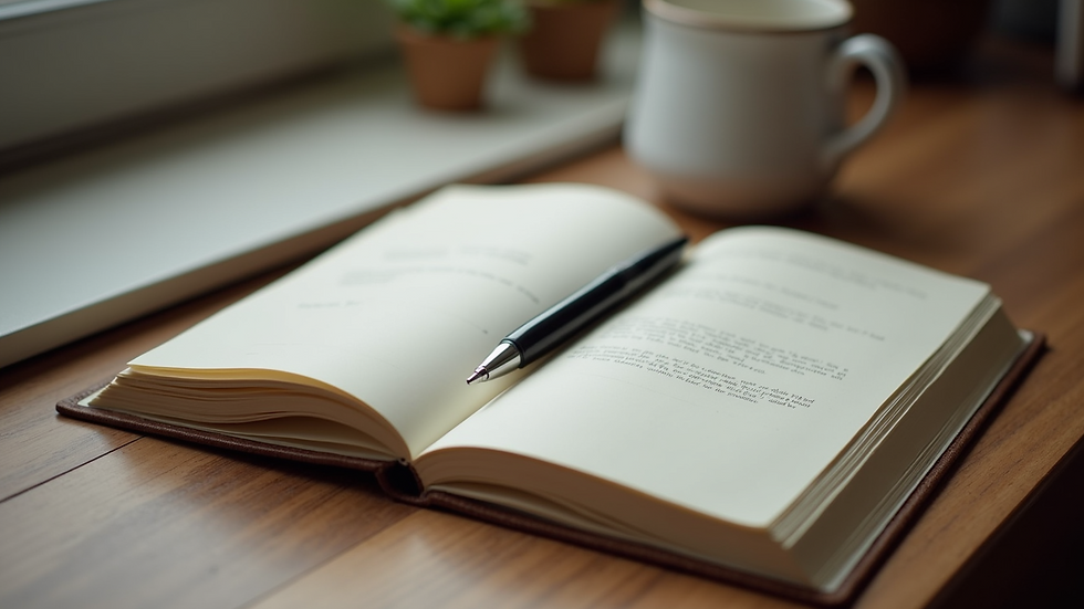 Close-up view of a journal and pen on a wooden table