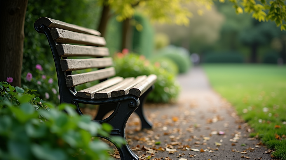 Eye-level view of a peaceful garden bench surrounded by greenery