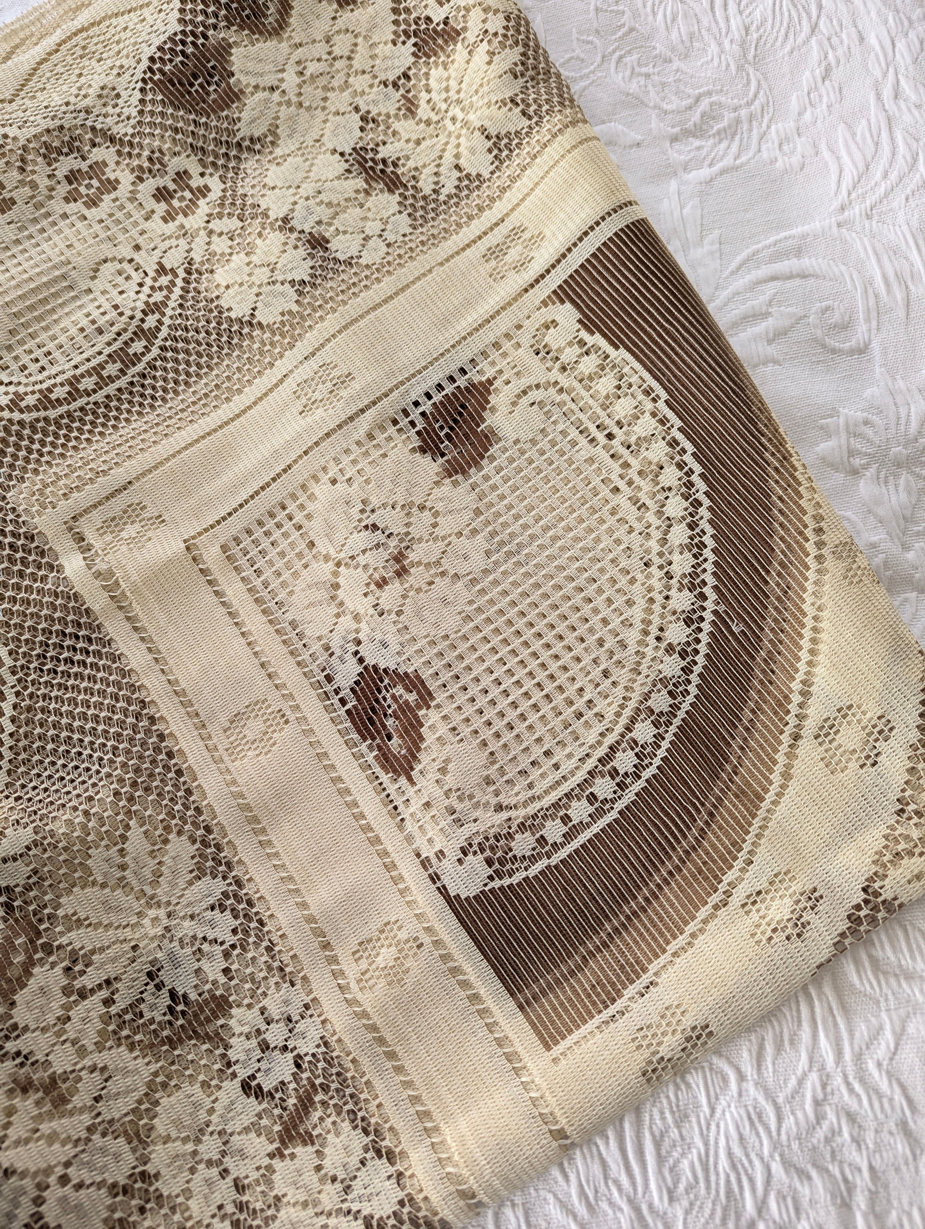 Cream & Light Brown Lace Floral Tablecloth 96in x 62in