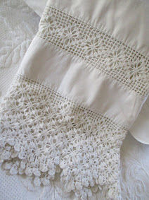 Thumbnail: Antique Linen Full Sheet One Case~Crocheted Trim Red Stitched Monogram