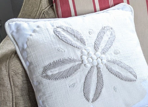 Thumbnail: Pottery Barn Throw Pillow Floral Tan White Embroidered 12in Textured