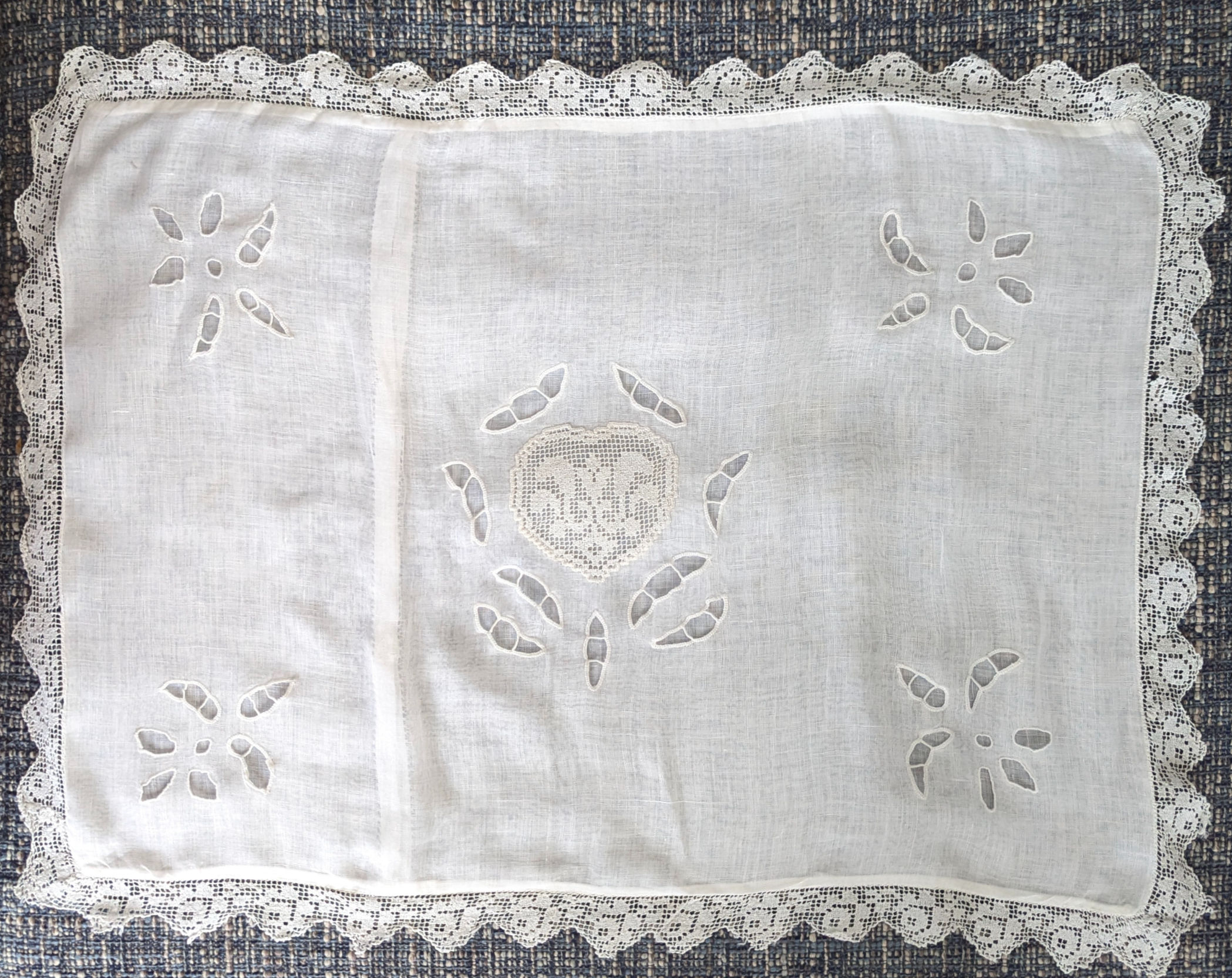 Vintage Baby Pillow Cover White Cotton Floral Lace Edge 16in x 12in